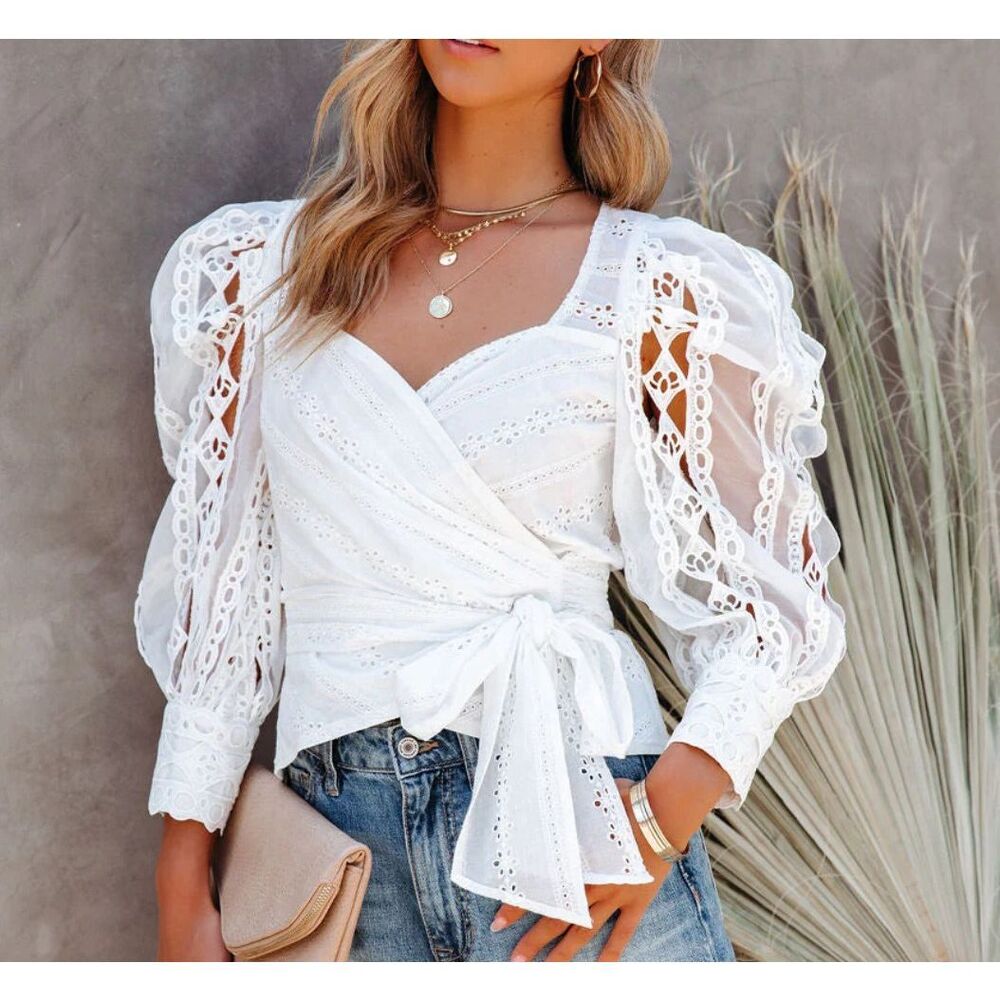 A.PEACH Womens White Long Sleeve Ulli Cotton Eyelet Wrap Crop Top XS